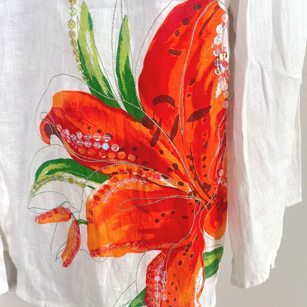 Carole Little Linen Button Down Top 2X Floral Sequin White Lily Coastal Grandma - Picture 7 of 8